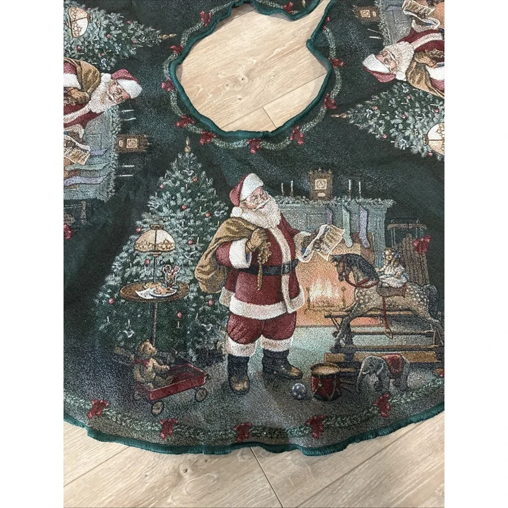 Vtg Mohawk Home Tapestry Christmas Tree Skirt Santa Fireplace Gifts Scene 51